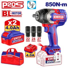 Aku rázový uťahovák 20 V, 850 Nm, 1/2", 2×5,0 Ah v taške