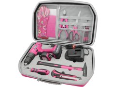 vrtací šroubovák aku s příklepem, růžový, 12V Li-ion, 2000mAh, v kufru s nářadím, sada 27k