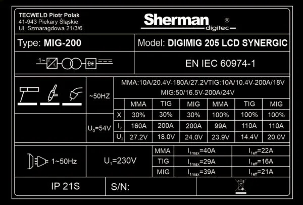 Svářecí invertor MIG | DIGIMIG 205 LCD SYNERGIC | 200A /30% | hořák 15/3m + kabely