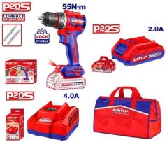 EMTOP aku set, vrtací šroubovák 20V 55Nm, akumulátor 2.0Ah, nabíječka 4A, taška